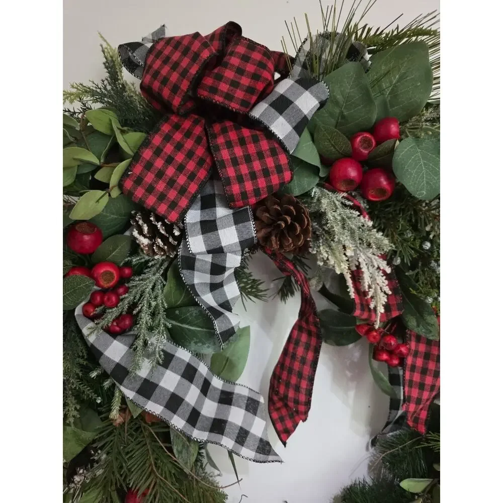 Handmade Buffalo Plaid Farmhouse Christmas Wreath Bells Berries Pinecones